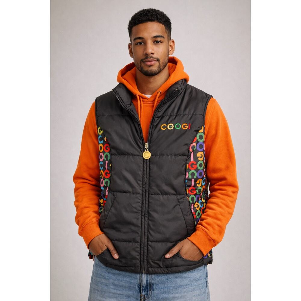 Coogi Black Puffer Vest Iconic Mens M Multicolor Logo Streetwear Y2K Urban